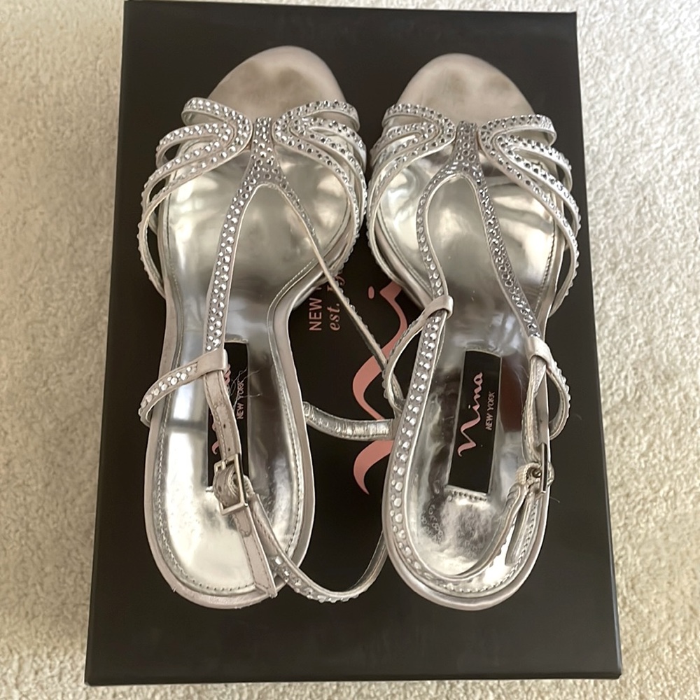 Nina NY Bobbie Silver Jolie Satin Pump high hills Cocktail open toe stiletto 8M